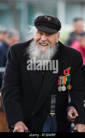 Brighton UK 11th November 2018 - 95 year old George Montague who served as an instructor in the RAF at the Act of Remembrance Service held at Brighton war memorial . It is the 100 year anniversary today of the ending of World War One on the 11th November 1918 . Photograph taken by Simon Dack Credit: Simon Dack/Alamy Live News Stock Photo