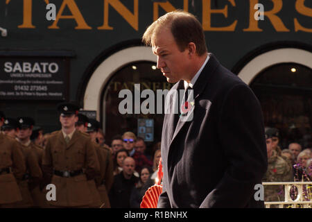 Hereford, Herefordshire, UK. 11th Nov 2018. Jesse Norman, Conservative MP Jesse Norman is seen marking the centenary of the Armistice, which saw 3,123 members of the armed forces from Herefordshire loosing their lives, marking one hundred years since the end of the First World War on November 11, 2018 in Hereford, United Kingdom. The armistice ending the First World War between the Allies and Germany was signed at Compiegne, France on the eleventh hour of the eleventh day of the eleventh month - 11am on the 11th November 1918 Credit: Jim Wood/Alamy Live News Stock Photo