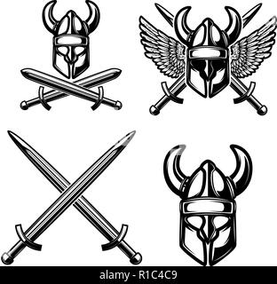 Set of emblem template with viking helmet, crossed swords. Design element for logo, label, sign. Vector illustration Stock Vector