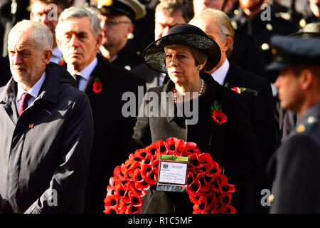 Jeremy Corbyn and Prime MinisterTheresa May during the remembrance service at the Cenotaph memorial in Whitehall, central London, on the 100th anniversary of the signing of the Armistice which marked the end of the First World War. Stock Photo