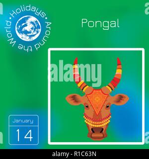 Maatu Pongal. Hindu harvest festival in India and Sri Lanka. The head of a cow. Calendar. Holidays Around the World. Green blur background - name, dat Stock Vector
