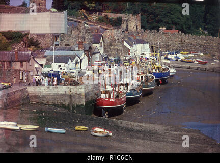 1960s, historical, fishing boats moored in the pretty harbour of Conway, Gwynedd, North Wales. Stock Photo