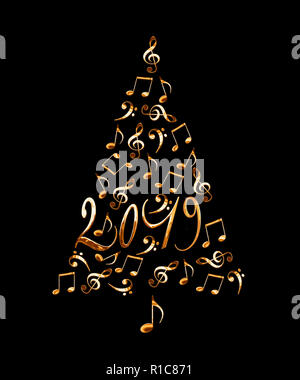 2019 christmas tree with golden metal musical notes isolated on black background Stock Photo