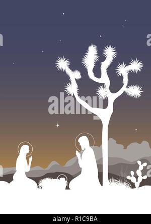 Saint family and the Joshua tree, cactus, and mountains background. Vector illustration. Stock Vector