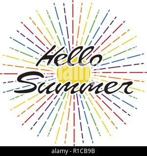 vector hello summer background. lettering design illustration with sun, sunburst in rainbow colors. hand drawn text banner Stock Vector