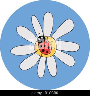 vector drawing of red ladybird on a camomile flower. ladybug cartoon on daisy flower.cute dotted lady bug summer illustration Stock Vector