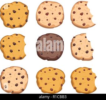 vector set of chocolate chip cookies  isolated on white background. homemade bitten biscuit choc cookie Stock Vector