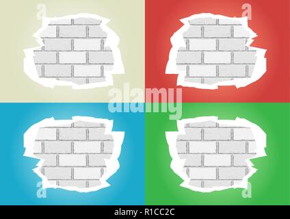 torn wallpapers white brick wall Stock Vector