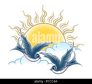 Two flying swallow birds against sun and clouds. VectorIllustration. Stock Vector