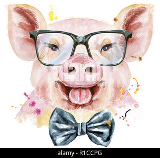 Cute piggy. Pig for T-shirt graphics. Watercolor pink pig with bow-tie and glasses Stock Photo