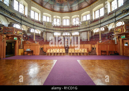 OXFORD, ENGLAND – MAY 15, 2009: Sheldonian Theatre interior with semi-circular auditorium for the university ceremonies and glorious allegorical ceili Stock Photo