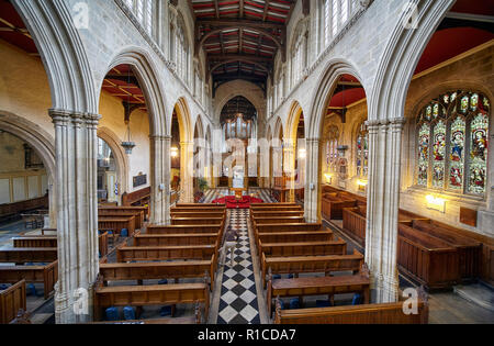 OXFORD, ENGLAND – MAY 15, 2009: The view along the nave of the university church of St Mary the Virgin. Oxford University. England Stock Photo