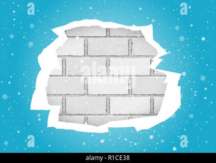 torn blue wallpapers brick wall Stock Vector