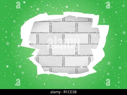 torn green wallpapers brick wall Stock Vector