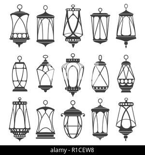 Lanterns for ramadan. Vector ramadan kareem lantern lights, arabic islamic antique hanging oil lamp set isolated on white background Stock Vector