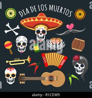 Dead day. November mexican holiday dia de los muertos, day of the dead, elements with dead sugar skulls, vector illustration Stock Vector