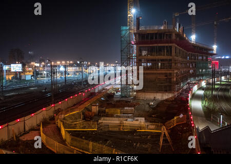 Construction site at night in the center of Cracow, Galeria Krakowska Stock Photo