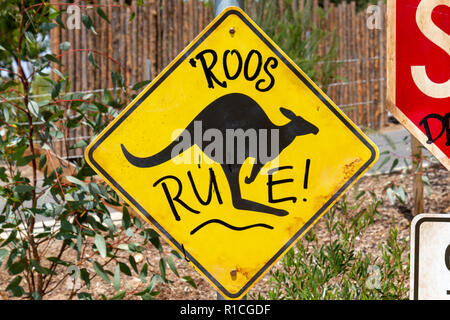 Road traffic sign adapted ('Roos Crossing') with environmentally friendly message, San Diego Zoo Safari Park, Escondido, CA, United States, Stock Photo