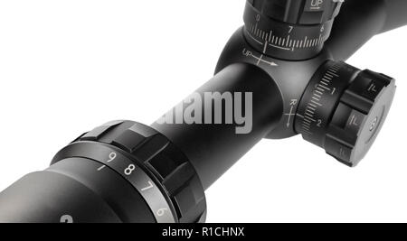 Magnification dial and adjustment knobs on a sniper scope on white Stock Photo