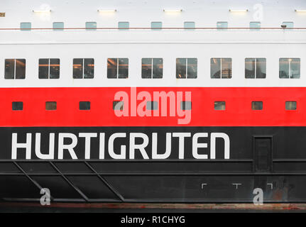Bergen, Norway - December 14, 2017: Hurtigruten, label on hull of passenger ferry Polarlys Stock Photo
