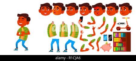 Boy Schoolboy Kid Vector. Primary School Child. Animation Creation Set. Cute Child. Indian, Hindu. Asian. For Advertisement, Greeting, Announcement Design. Face Emotions, Gestures. Illustration Stock Vector