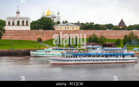 Veliky Novgorod, Russia - July 30, 2016: Passenger ships embankment on Volkhov river near Novgorod Kremlin Stock Photo