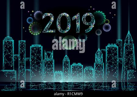 Modern skyscraper holiday Christmas fireworks cityscape. New Year 3D polygonal point line dark blue night sky eve greeting card template. 2019 date number city silhouette vector illustration Stock Vector