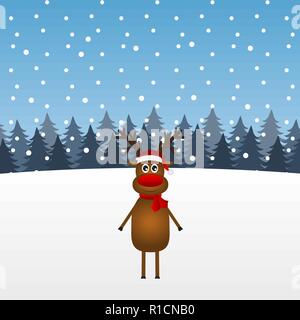 Funny cartoon christmas reindeer in the forest Stock Vector