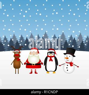 Santa claus with snowman, reindeer and penguin in the winter for Stock Vector