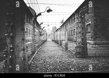 Auschwitz Nazi concentration and extermination camp. Electrified fences separating barracks. Auschwitz, German-occupied, Poland, Europe Stock Photo