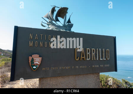 The Cabrillo National Monument entrance sign on Point Loma, San Diego, California, United States. Stock Photo