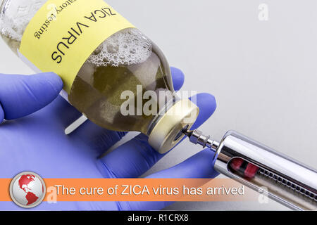 Digital composite of news flash with medical imagery, The cure fo zica virus has arrived Stock Photo