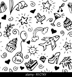 Birthday seamless pattern, black and white, doodle. Stock Vector