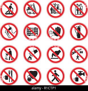 A set of prohibition Red circle prohibition safety signs Stock Vector
