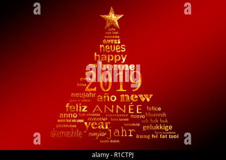 2019 new year multilingual text word cloud greeting card in the shape of a christmas tree Stock Photo