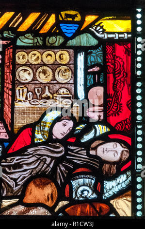 Detail of Burne Jones life of St Frideswide stained glass window in Christ Church Cathedral, Oxford. Includes Victorian flush toilet. DETAILS IN DESC. Stock Photo