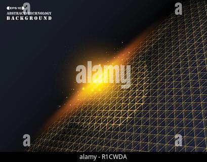 Futuristic technology of abstraction gold geometric triangle stripe line pattern on dark blue universe background. illustration vector eps10 Stock Vector