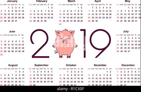 Pig calendar for 2019. Symbol of the year in the Chinese calendar. Simple Vector Template. Stationery Design Template. Isolated vector illustration on Stock Vector
