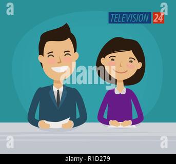 Tv, television concept. News announcer in the studio. Cartoon vector illustration Stock Vector