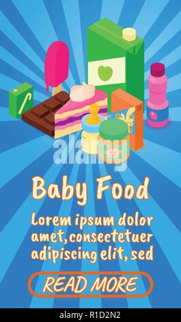 Baby food concept banner, comics isometric style Stock Vector