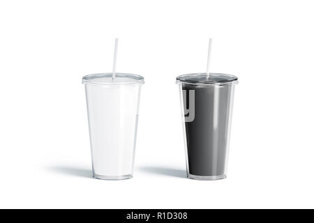 Blank black and white acrylic tumbler with straw mockup set, isolated, 3d rendering. Empty glass container with tube mock up. Clear traveler bottle for beer or cola template. Acryl mug for design. Stock Photo