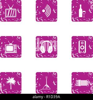 Romantic night icons set, grunge style Stock Vector