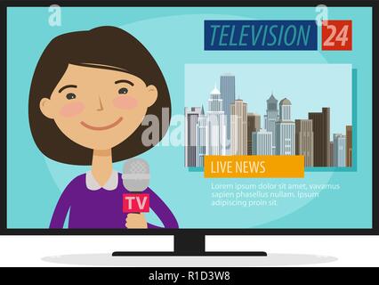 Live news. Young woman, newscaster with microphone in hand. TV, television concept. Cartoon vector illustration Stock Vector