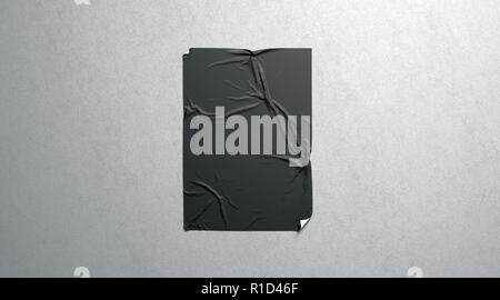 Blank black wheatpaste adhesive poster mockup on textured wall, 3d rendering. Empty glue urban sheet mock up. Wall mounted canvas for cinema affiche. Grunge placard for branding. Stock Photo