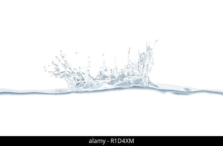 Blank water splash crown in motion mock up, 3d rendering. Empty transparent liquid at moment of falling drops mockup. Pure aqua or alcohol surface. Nature ocean environment template. Stock Photo