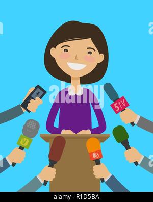 Public speaker, interview with journalists. Press Conference concept. Cartoon vector illustration Stock Vector
