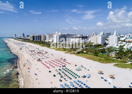 Miami Beach Florida,aerial overhead view,hotel,Atlantic Ocean public beach,Nautilus South Beach SIXTY Hotel,FL180721d09 Stock Photo
