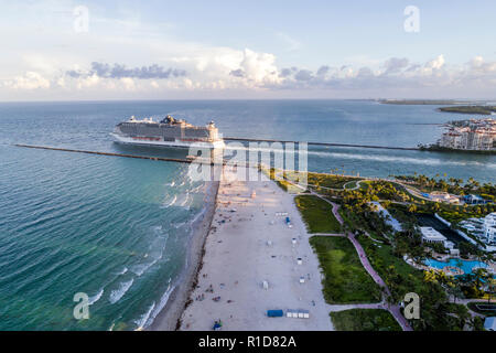 Miami Beach Florida,South Pointe Park,aerial overhead view,Atlantic Ocean,Government Cut,MSC Seaside cruise ship departing Port,FL180804d07 Stock Photo