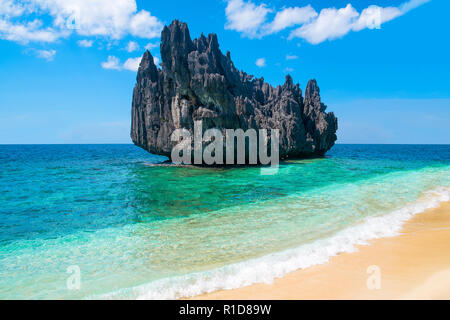 Tropical paradise island beach exotic landscape Blue ocean sandy beach Scenic summer landscape Desert remote rock island Travel tourism relax nature h Stock Photo