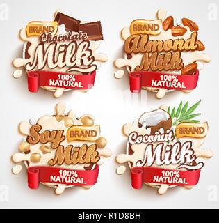 Almond, chocolate, soy, coconut milk labels with milky splash. 100 percent natural, organic and fresh healthy drink.Perfect for your advertising and packaging cosmetics or dairy products.Vector. Stock Vector